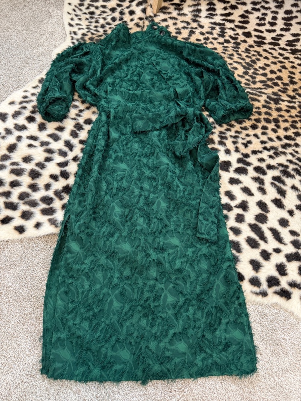 Zara Dark Green Textured Midi Dress with Waist Tie
